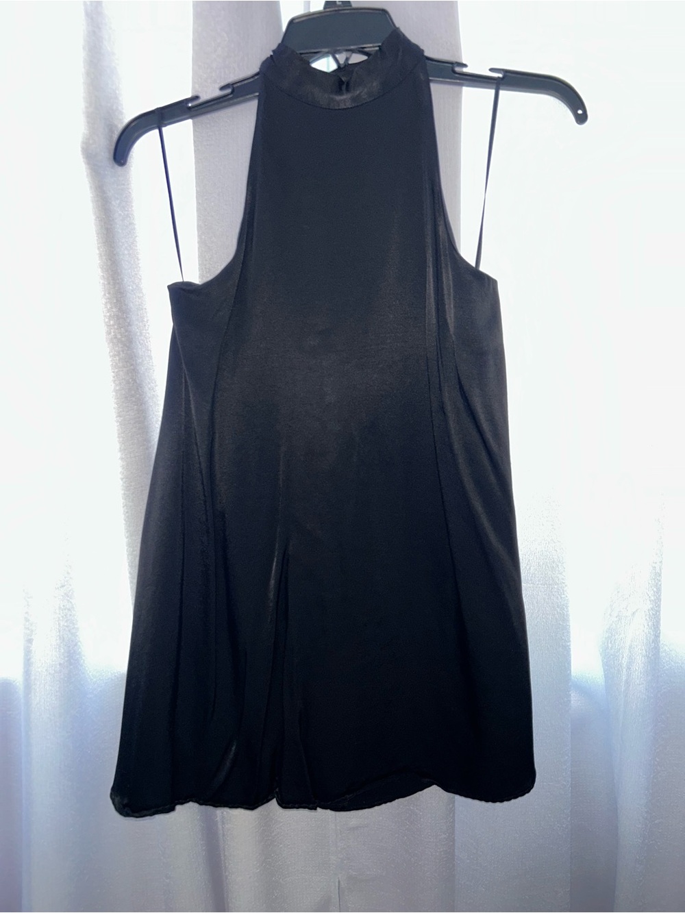 Black High-Neck Mini Dress with Satin Trim